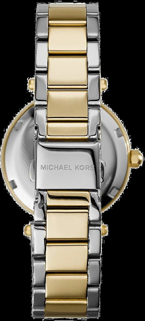 Lunette boîtier Michael Kors MK6055 en acier doré et argenté, lunette fixe lisse avec cristaux scintillants, vue profil galbé