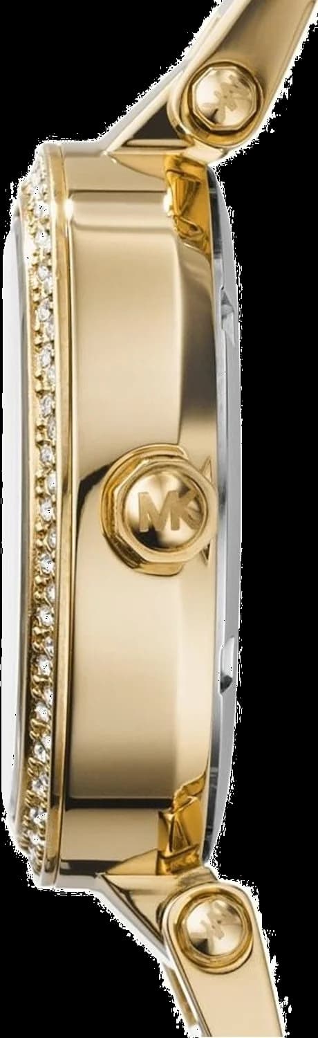 Visage cadran Michael Kors MK6056 avec index dorés, aiguilles bâton et guichet date à 3h, complications minimalistes
