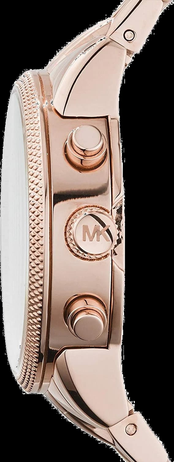 Visage cadran Michael Kors MK6077 dévoile index appliques et aiguilles dorés, date à 3h et texture guillochée