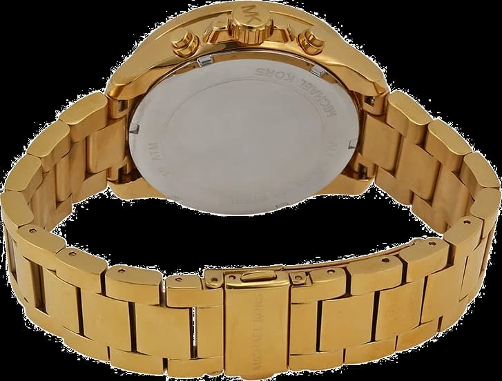 Visage cadran Michael Kors MK6095 dévoile index appliques dorés et aiguilles feuilles sur fond soleillé