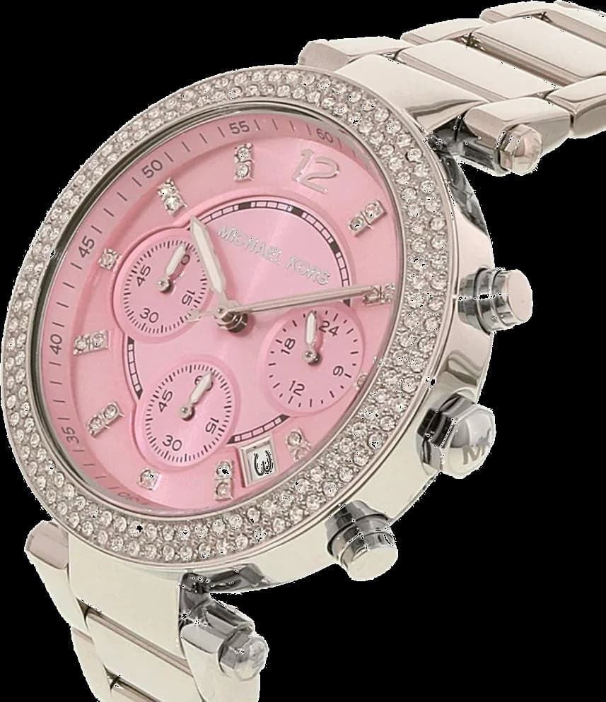 Visage cadran Michael Kors MK6105 affichant compteurs 6-9-12 heures et date, index appliqués et aiguilles luminescentes