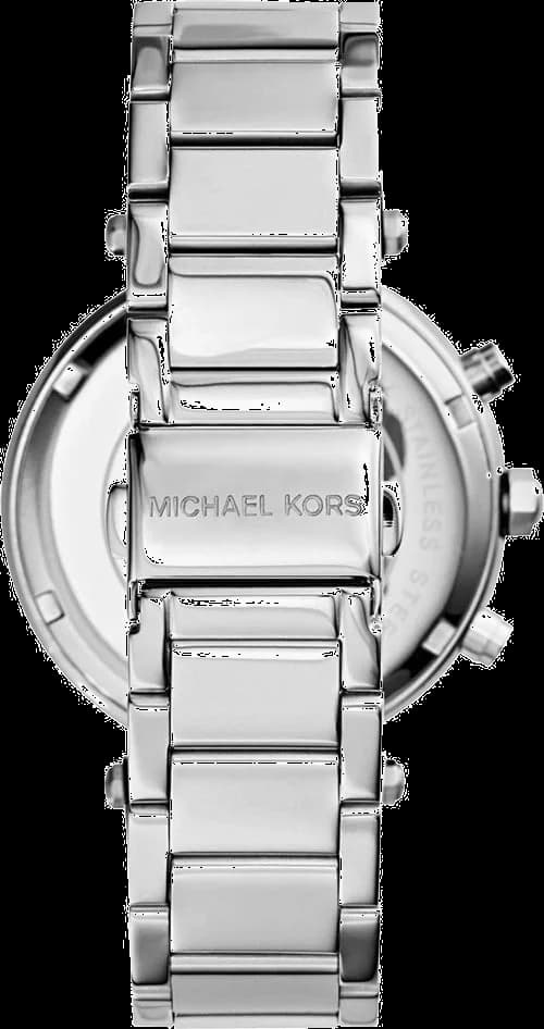 Lunette boîtier Michael Kors MK6117 en acier satiné avec lunette fixe lisse et verre minéral légèrement bombé