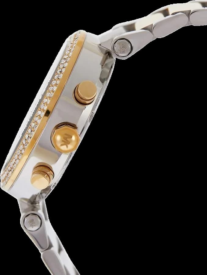 Visage cadran Michael Kors MK6118 compteurs chronographe à 3 et 6 heures, aiguilles dauphine dorées, date à 4h30 et échelle tachymétrique
