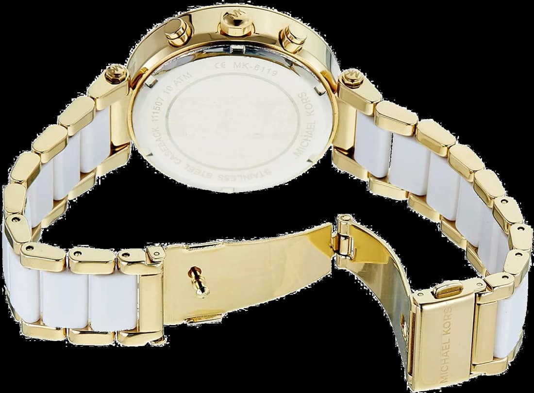 Lunette boîtier Michael Kors MK6119 en acier bicolore or et acier, lunette fixe sertie de cristaux scintillants et cornes galbées