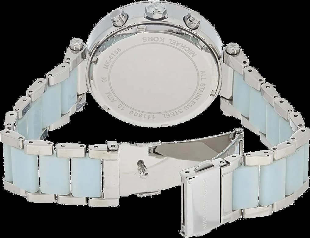 Lunette boîtier Michael Kors MK6138 en acier inoxydable brossé, lunette fixe lisse, couronne cannelée et poussoirs latéraux