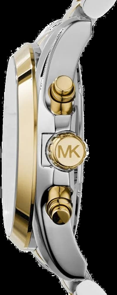 Visage cadran Michael Kors MK6165 avec index appliqués dorés, aiguilles bâtons et date à 3 heures sur fond bleu soleil