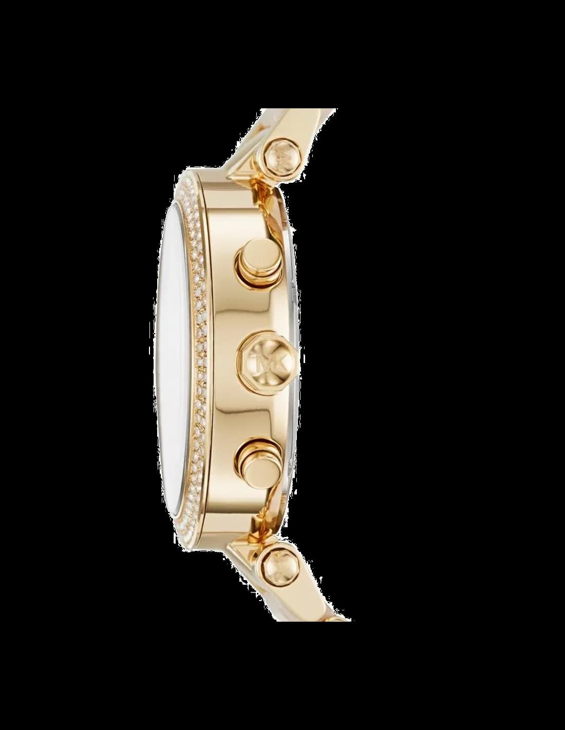 Visage cadran Michael Kors MK6326 dévoile index appliques et aiguilles en acier, date à 3h sur fond champagne