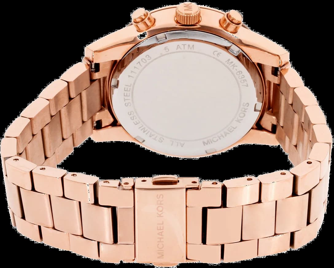 Visage cadran Michael Kors MK6357 présentant index appliqués dorés, aiguilles dauphine et guichet date à 3h, finition soleillée