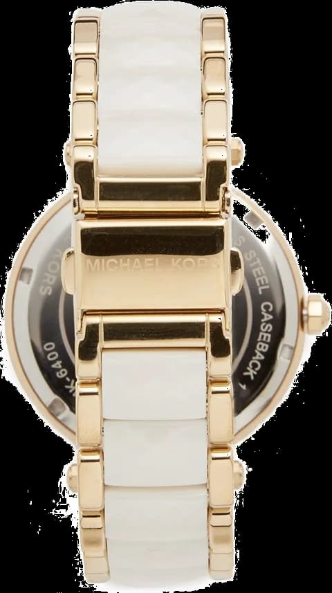 Visage cadran Michael Kors MK6400 affichant index bâtons dorés et aiguilles facettées sur fond irisé