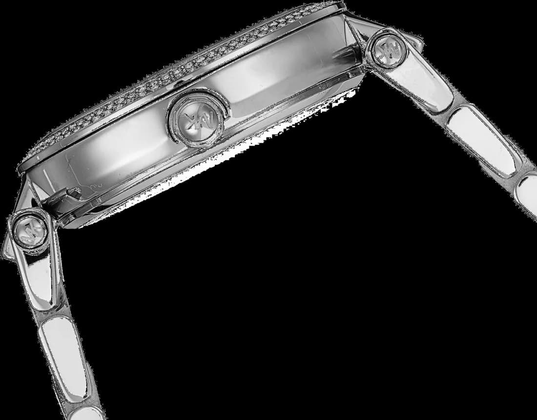 Visage cadran Michael Kors MK6483 avec index appliqués dorés, aiguilles dauphine, guichet date à 3h et cristaux scintillants