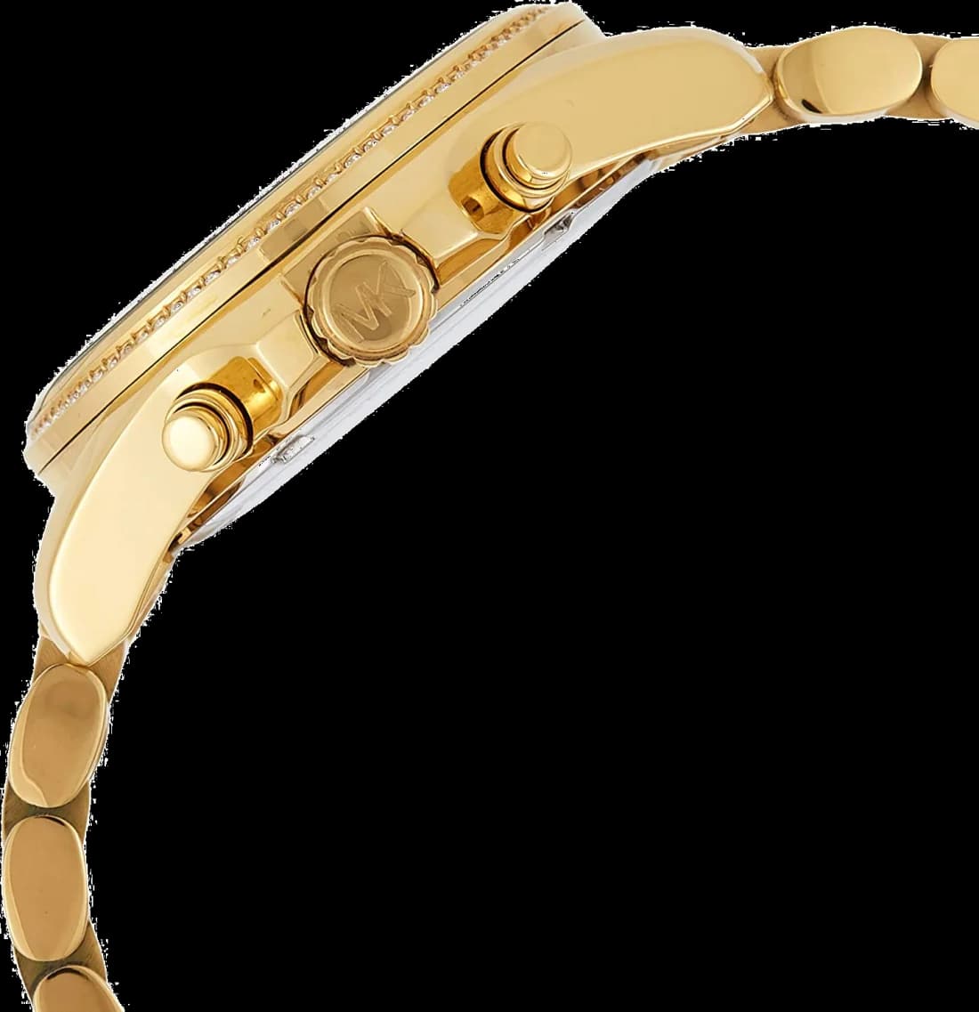 Visage cadran Michael Kors MK6538 dévoile cadran champagne soleillé, index appliqués dorés, aiguilles dauphine, guichet date à 3h, trois compteurs échelle tachymétrique