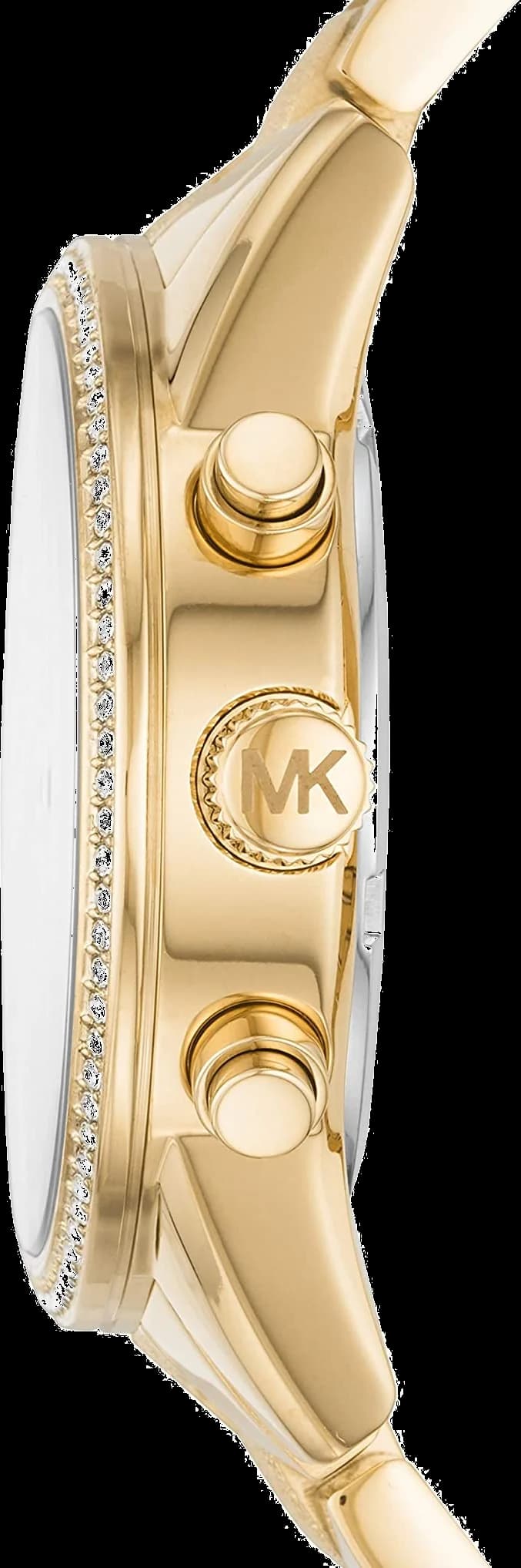 Visage cadran Michael Kors MK6597 dévoile index bâtons appliqués, aiguilles dorées, guichet date à 3h et totaliseurs noirs