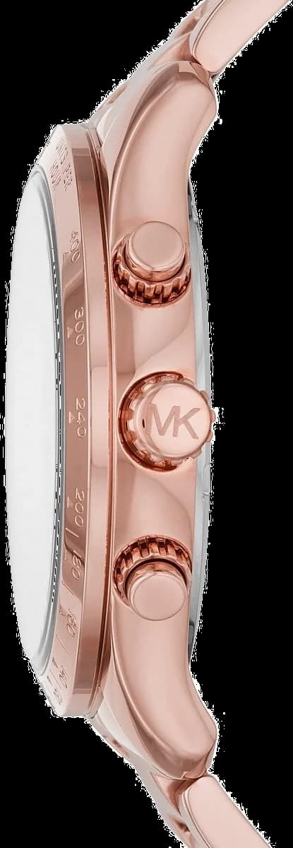 Visage cadran Michael Kors MK6796 affichant index bâtons appliqués, aiguilles facettées et compteurs 60 secondes, 30 minutes, 24 heures