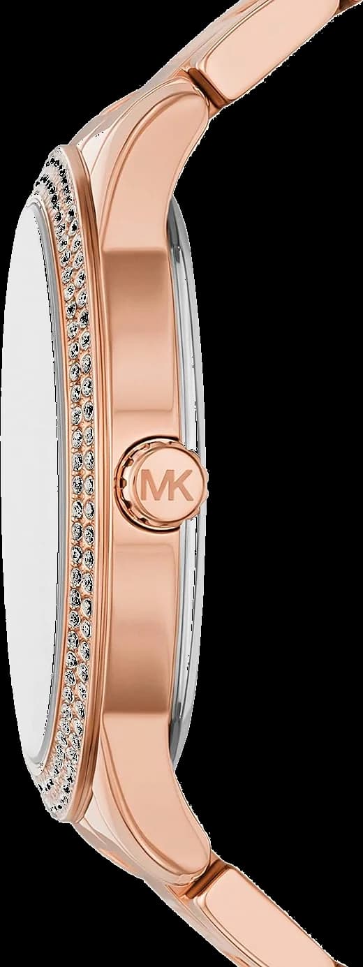 Visage cadran Michael Kors MK6880 présentant index appliqués dorés, aiguilles bâton, date à 3h et couronne crantée