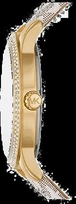Attache bracelet Michael Kors MK6967 en cuir marron imprimé logo MK, boucle ardillon en acier doré, coutures contrastées