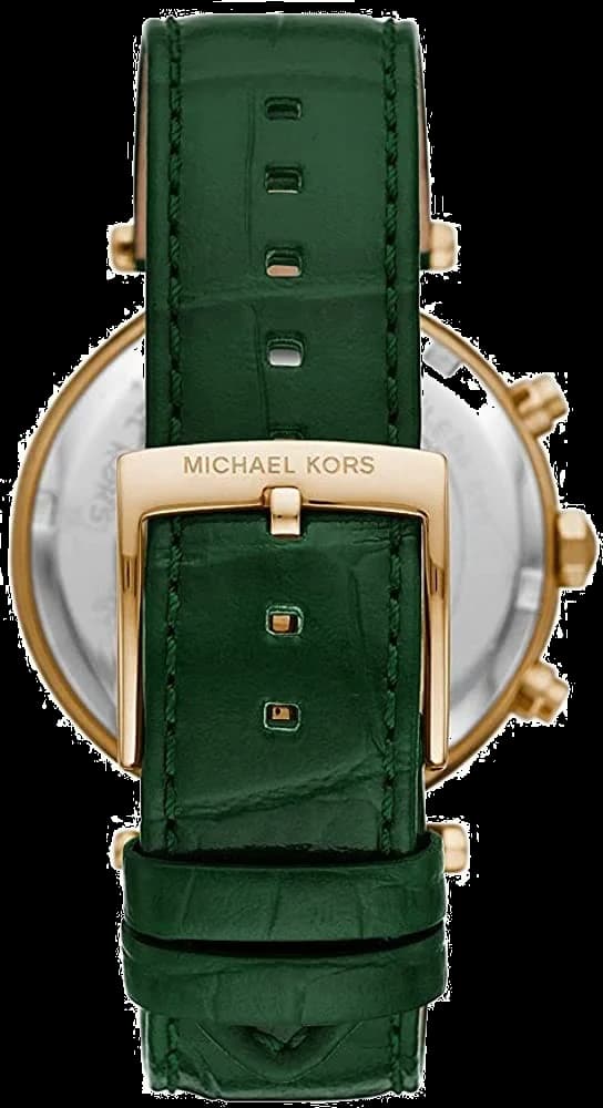 Visage cadran Michael Kors MK6985 avec index appliqués dorés, aiguilles luminescentes et guichet date à 3h, précision quartz