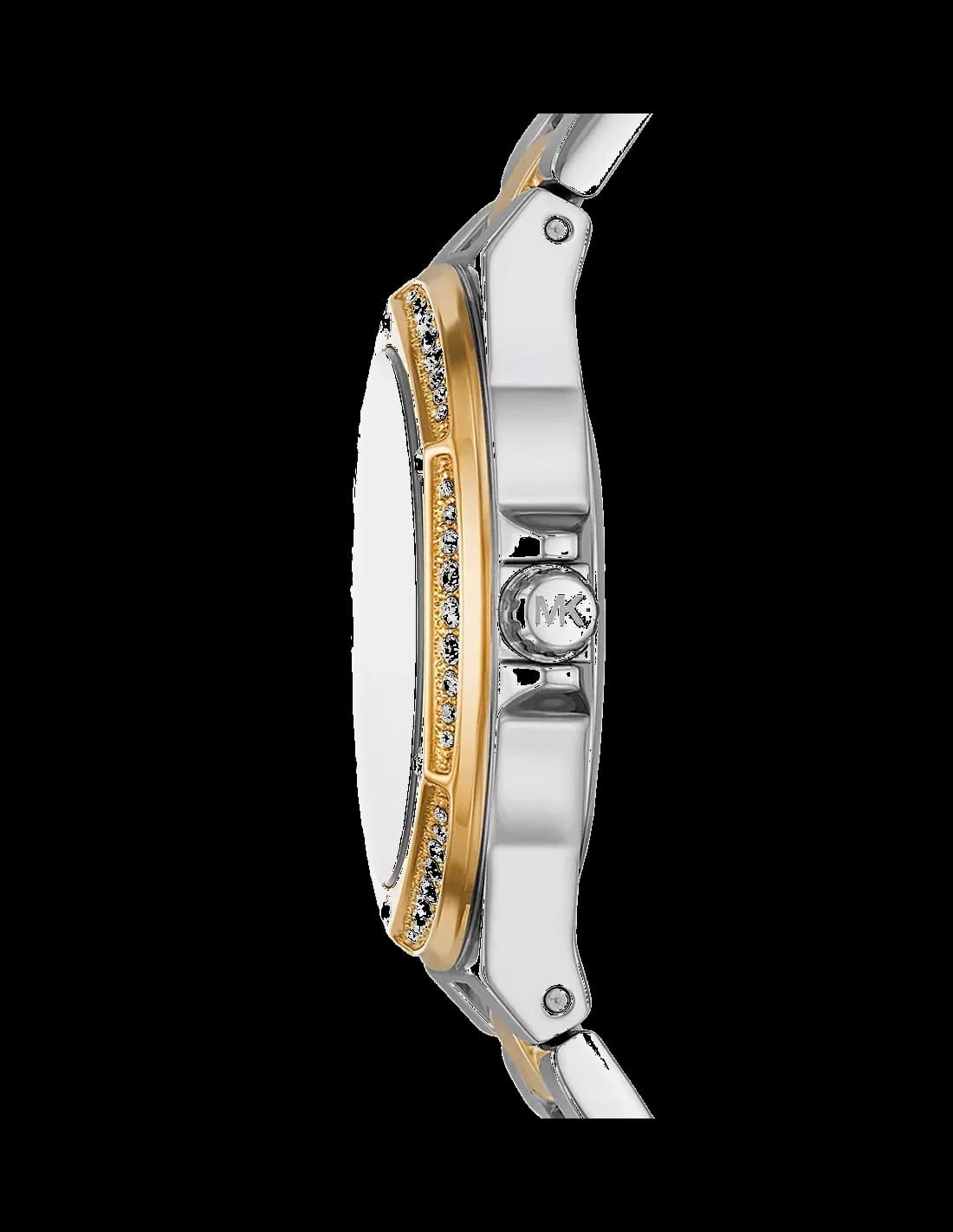 Visage cadran Michael Kors MK6988 présente index dorés appliqués, aiguilles dauphine et guichet date à 3h sur cadran soleil