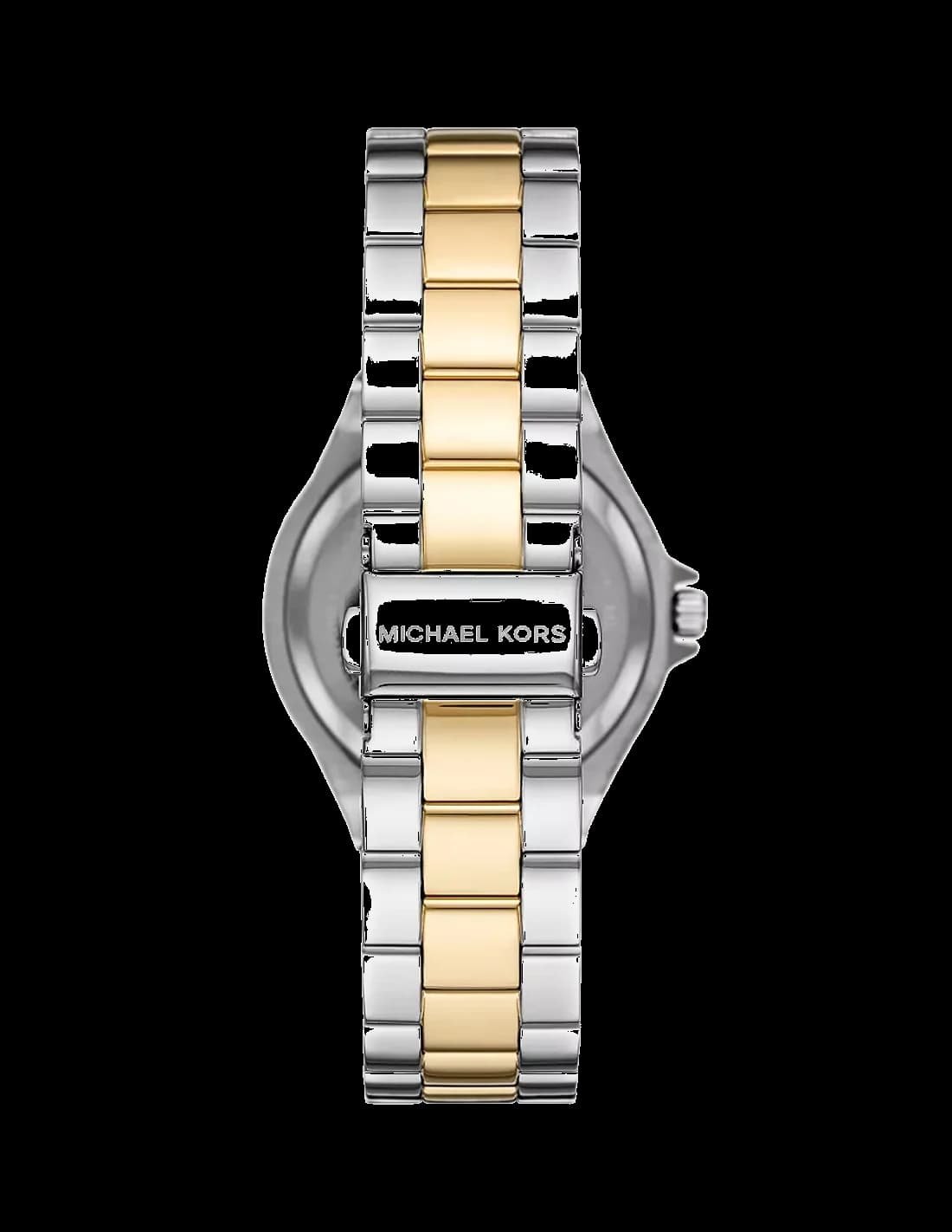Attache bracelet Michael Kors MK6988 en acier inoxydable bicolore or et argent, maillons polis et satinés, fermoir déployant