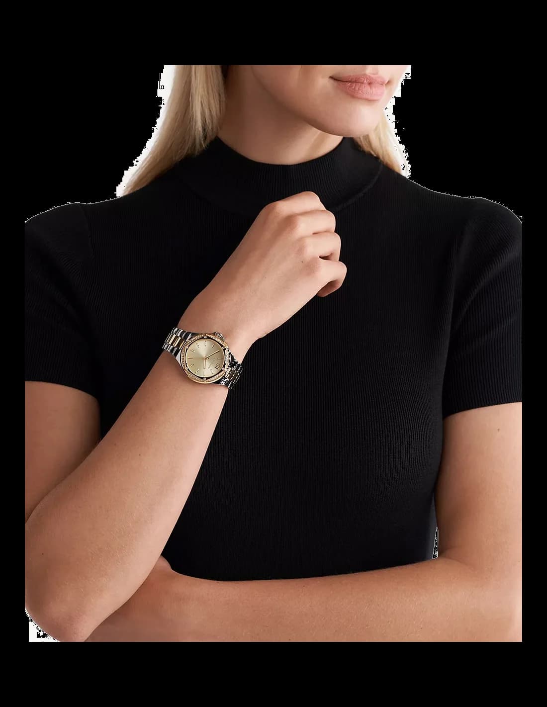 Lunette boîtier Michael Kors MK6988 en acier bicolore, lunette lisse polie, épaisseur fine, verre minéral bombé, profil élégant