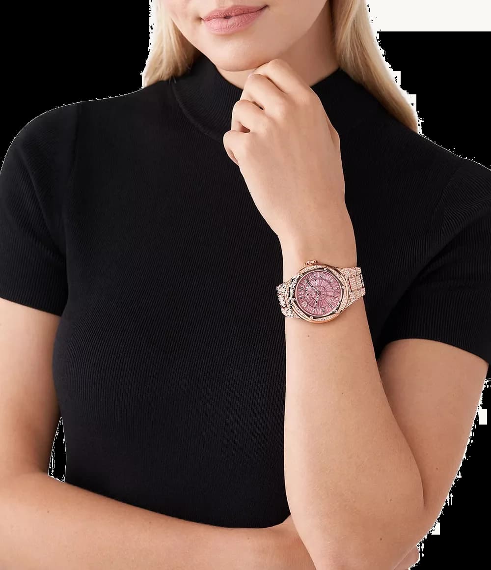 Lunette boîtier Michael Kors MK6992 en acier inoxydable poli avec lunette fixe sertie de cristaux, cornes courtes et fond plein gravé