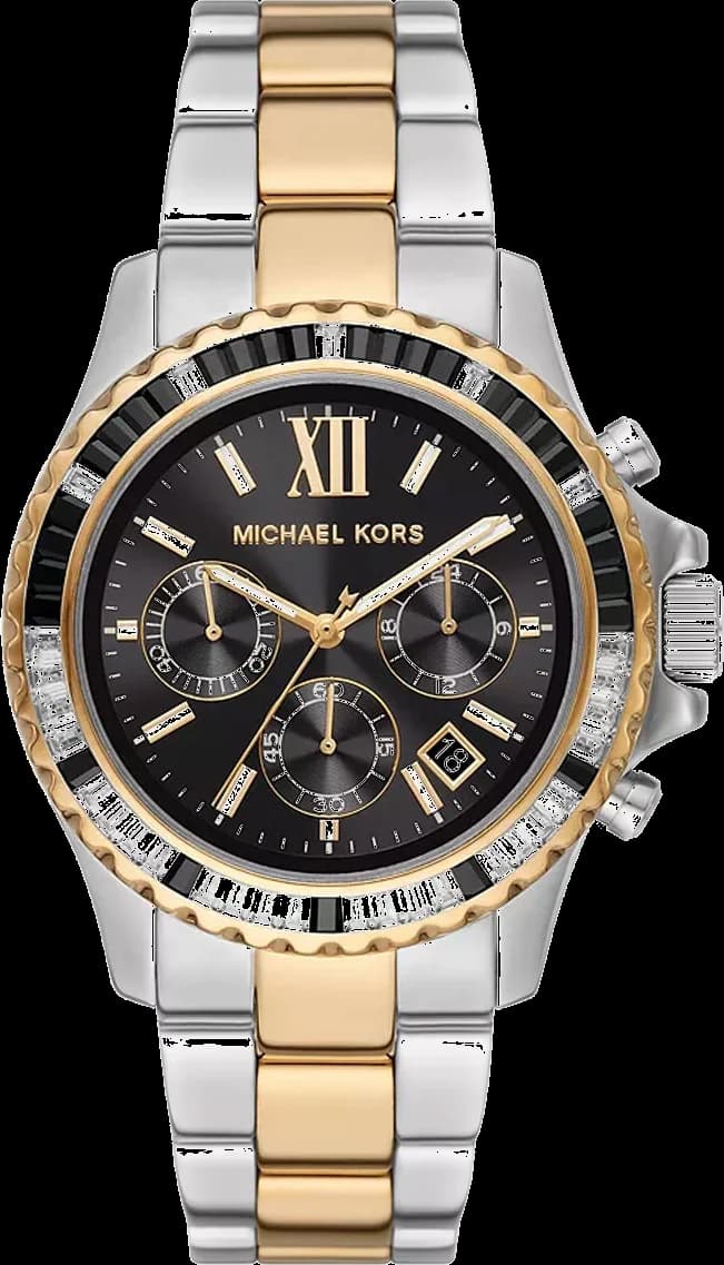 Montre Michael Kors Everest MK7209 Chronographe Femme Cadran Noir Pavé Cristaux Bracelet Bicolore Acier