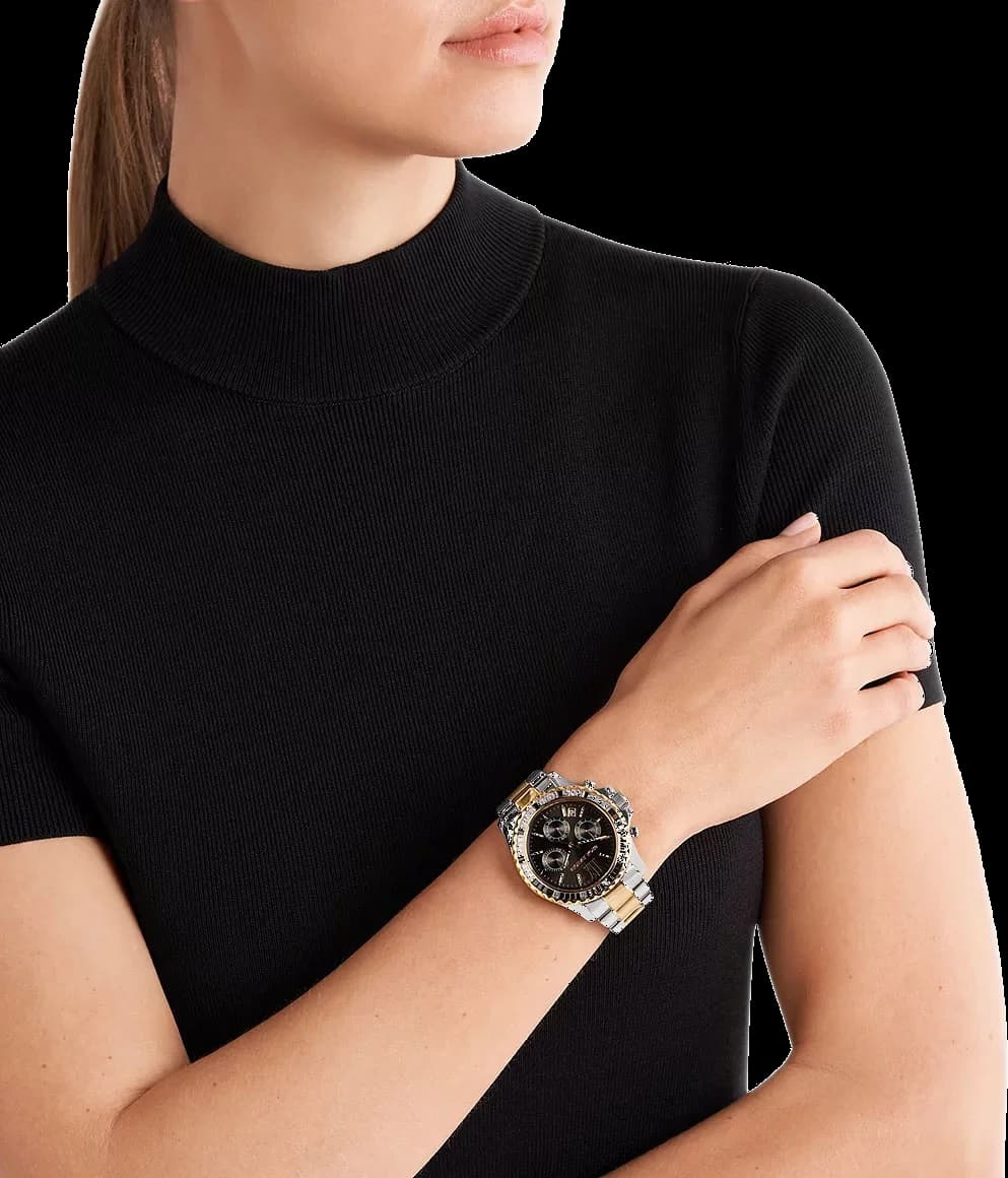 Montre Michael Kors Everest MK7209 Chronographe Femme Cadran Noir Pavé Cristaux Bracelet Bicolore Acier vue 2