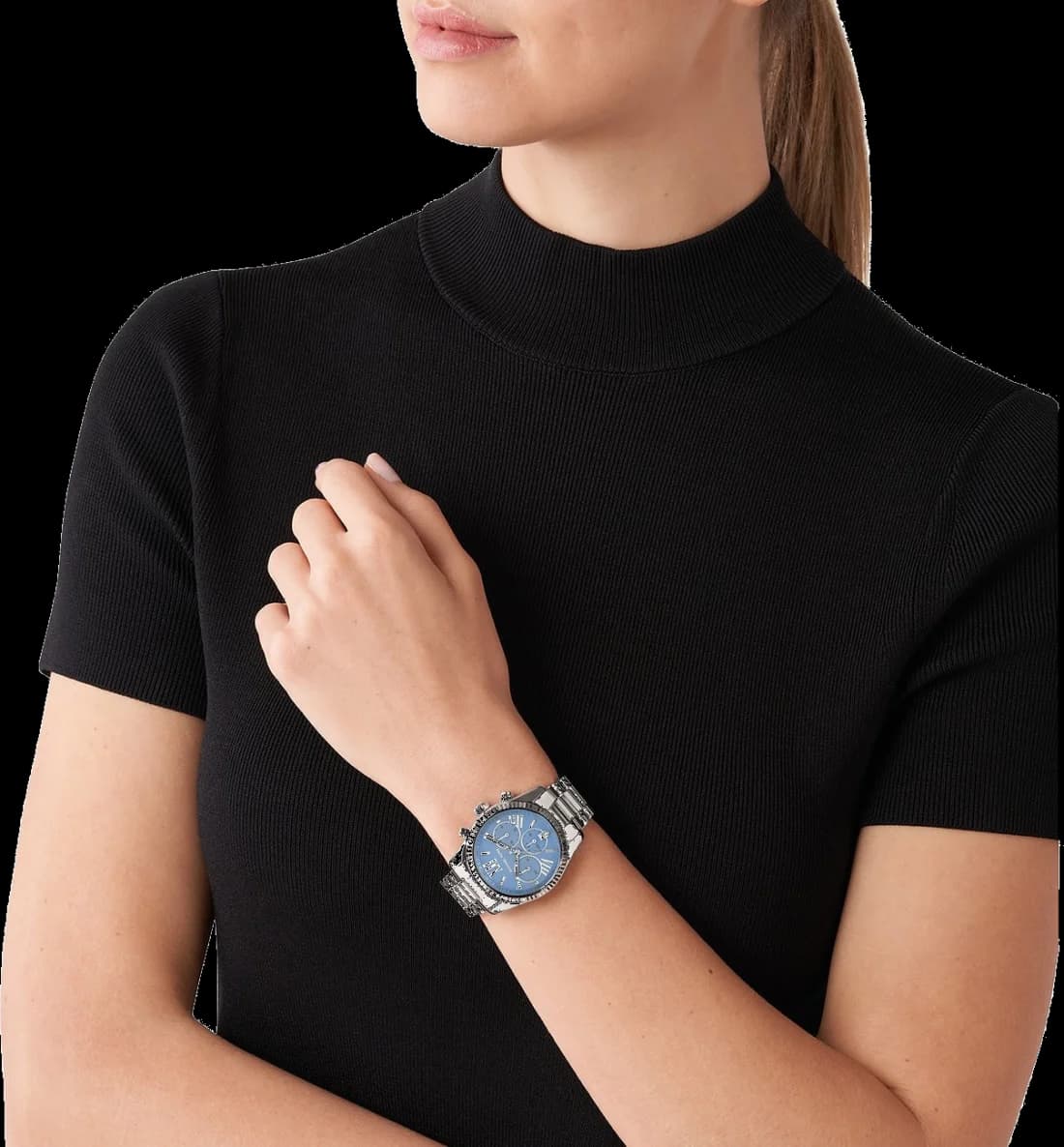 Lunette boîtier Michael Kors MK7215 en acier doré et argenté, lunette lisse fixe et fond solide vissé pour une étanchéité 50 m