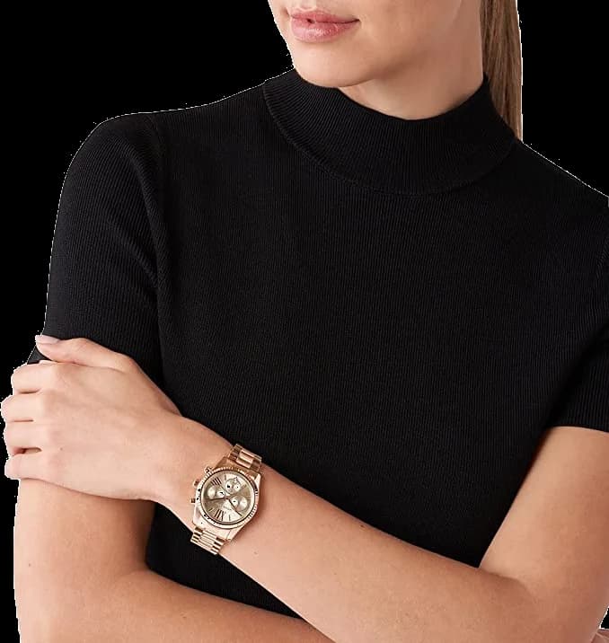Lunette boîtier Michael Kors MK7217 en acier doré, lunette lisse polie, vue profile fine et ergonomique