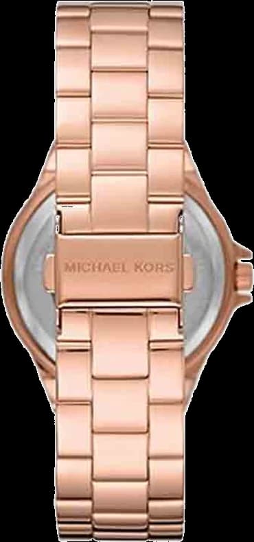 Visage cadran Michael Kors MK7230 avec index bâtons dorés, aiguilles en or rose et logo Michael Kors à 12h
