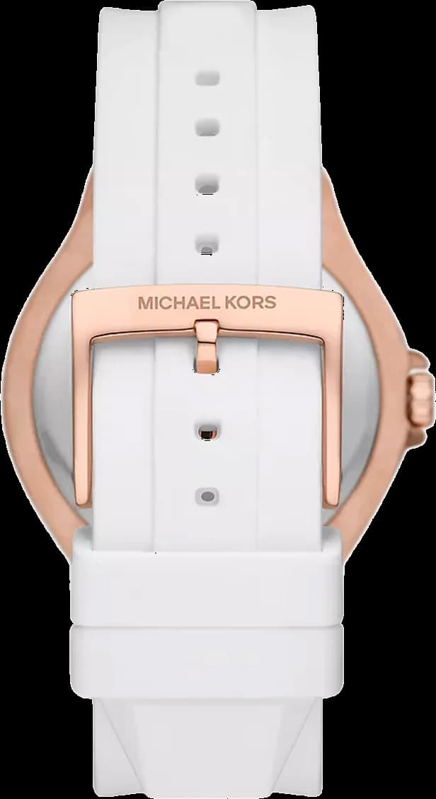 Visage cadran Michael Kors MK7248 avec index bâtons dorés, aiguilles dauphine, date à 6h et motif pavé ton or rose, lisibilité parfaite
