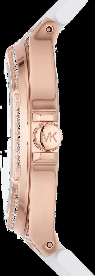 Attache bracelet Michael Kors MK7248 en silicone blanc souple, fermoir boucle ardillon acier inoxydable ton or rose, ajustement confortable et élégant