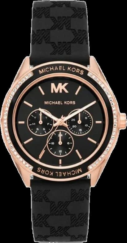 Montre Michael Kors Jessa MK7266 pour Femme, Cadran Noir Multifonction, Bracelet Silicone Noir, Boîtier Or Rose