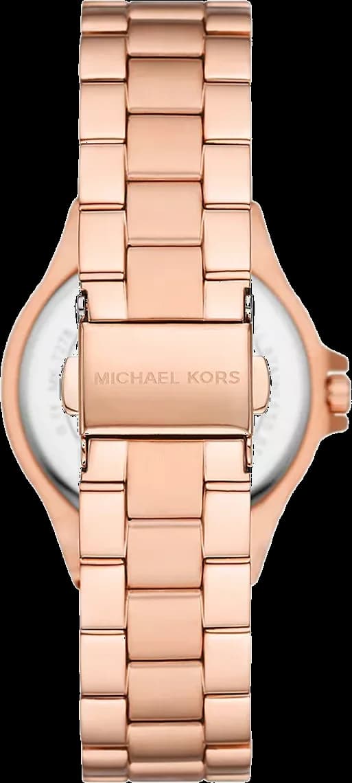 Visage cadran Michael Kors MK7279 affichant index appliqués en or rose et aiguilles bâton, mouvement quartz précis