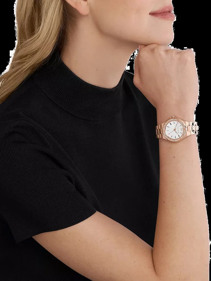 Lunette boîtier Michael Kors MK7279 en acier doré poli, lunette lisse sertie de cristaux, profil fin de 9 mm d'épaisseur