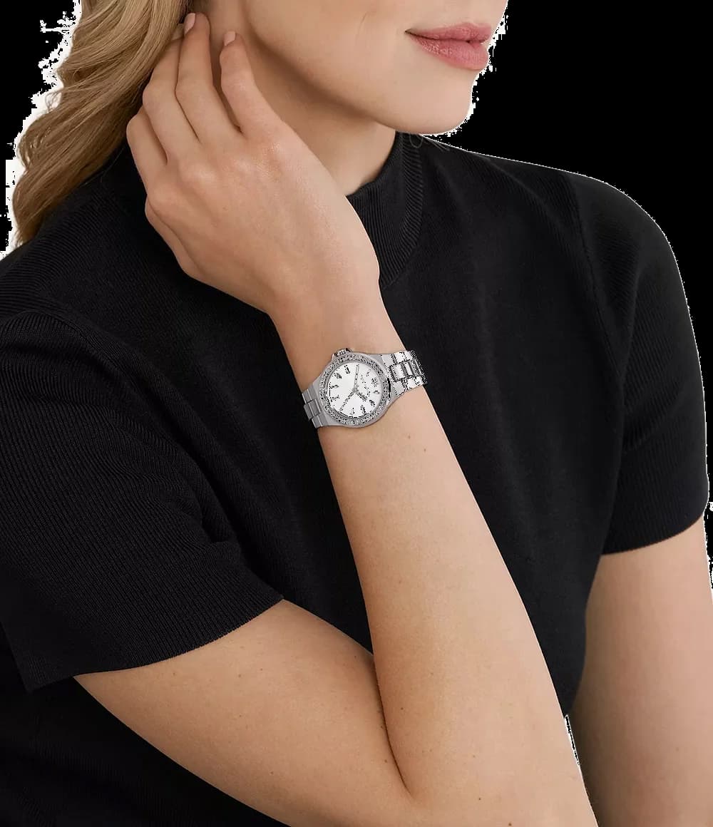 Lunette boîtier Michael Kors MK7280 en acier inoxydable poli taille 28 mm, finition dorée et verre minéral résistant