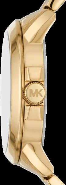 Visage cadran Michael Kors MK7317 avec index appliques dorés, aiguilles dauphine, date à 3h et logo MK central