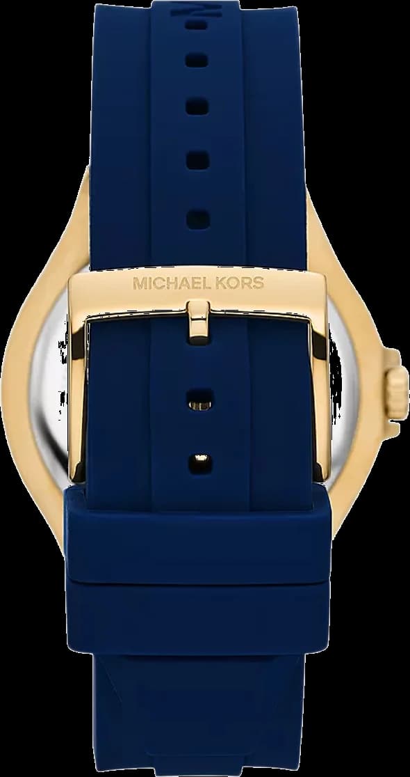 Visage cadran Michael Kors MK7333 détail des aiguilles dorées et index appliqués sur fond bleu soleil