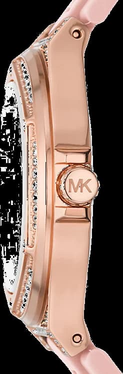 Visage cadran Michael Kors MK7334 présentant index appliqués argentés, aiguilles dauphines et date à 3h, mouvement quartz précis