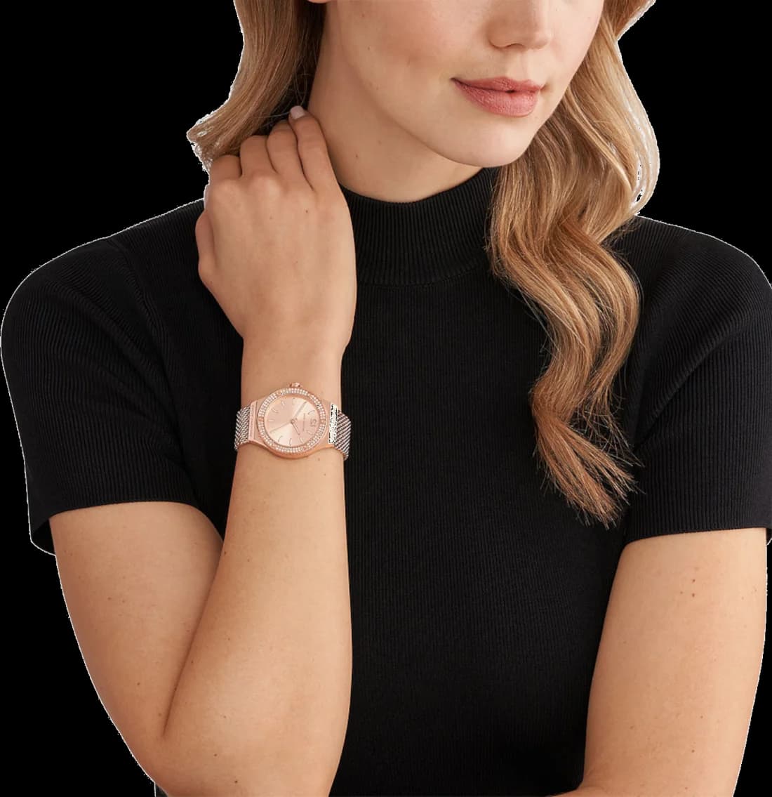 Lunette boîtier Michael Kors MK7336 en acier inoxydable or rose poli, verre minéral bombé, profil fin pour un confort quotidien