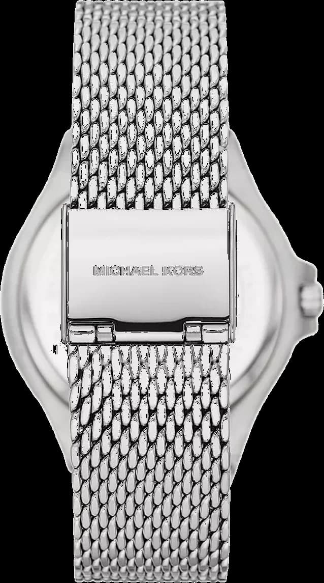 Visage cadran Michael Kors MK7337 détaillant index appliqués en acier, aiguilles dauphine rhodiées et guichet date à 3h pour lecture précise