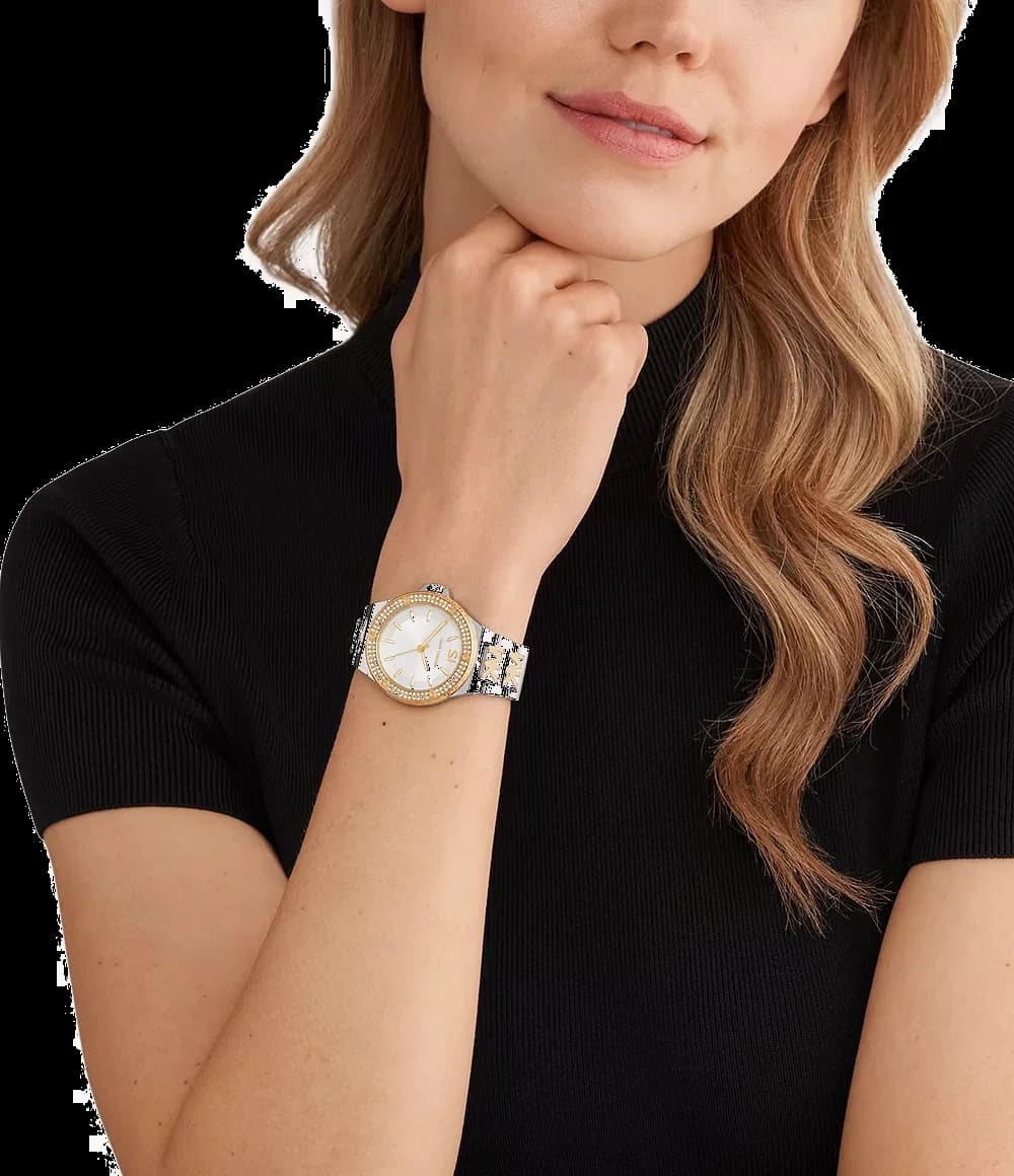 Lunette boîtier Michael Kors MK7338 en acier inoxydable bicolore polie, finition miroir et lunette lisse