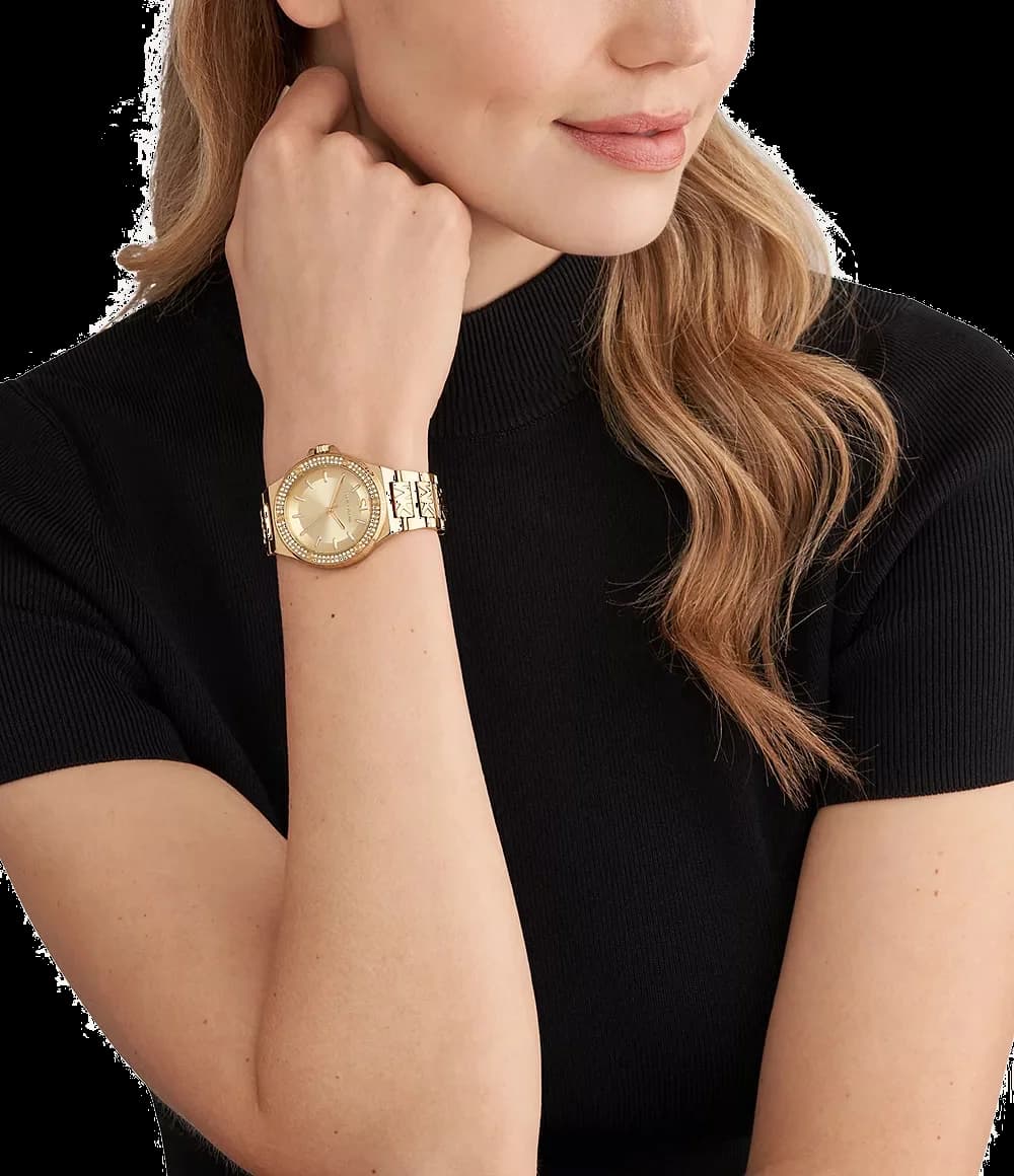 Lunette boîtier Michael Kors MK7339 ronde en acier inoxydable poli et lunette fixe lisse vue profil