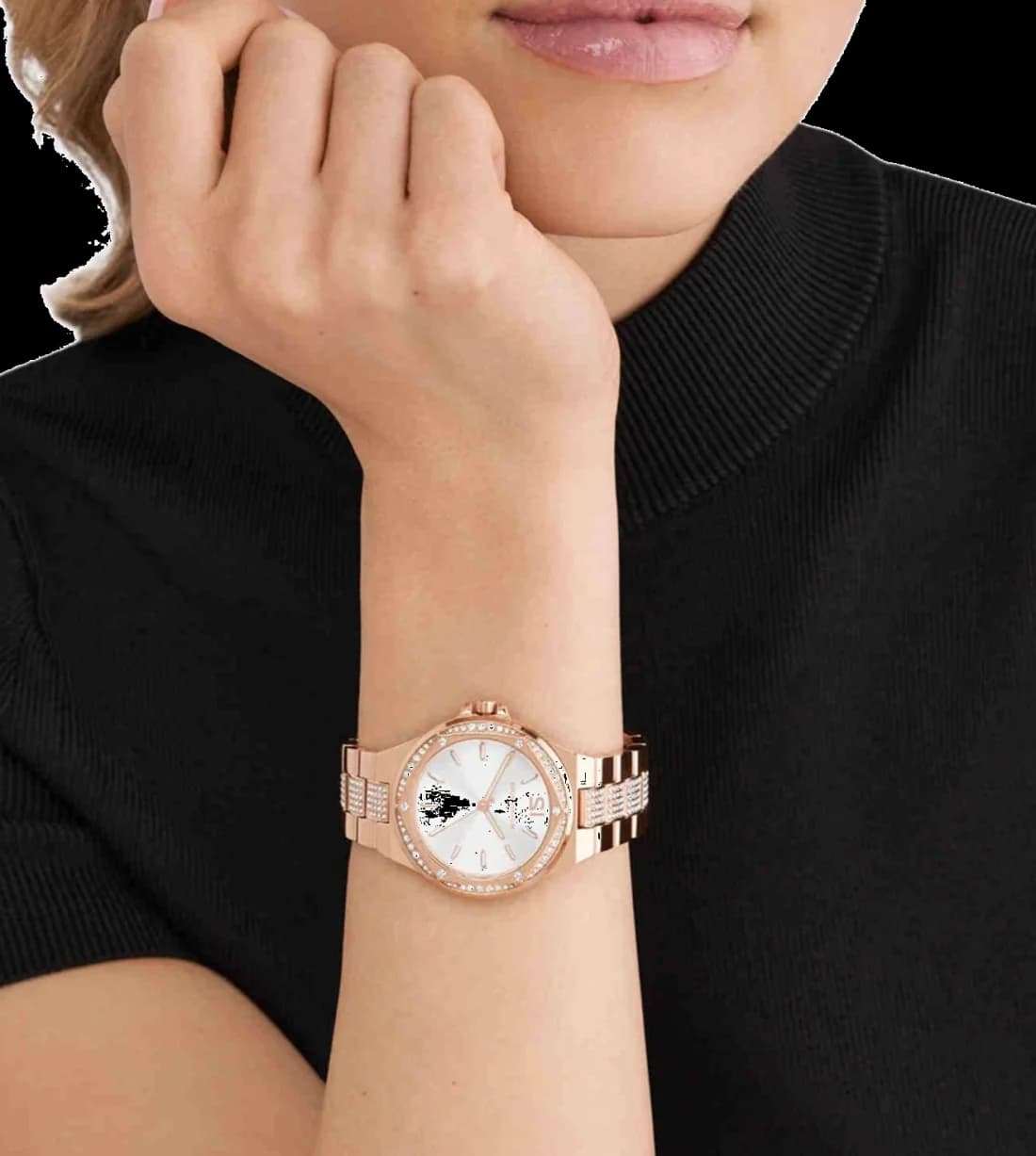 Lunette boîtier Michael Kors MK7362 en acier doré rose poli, lunette lisse et verre minéral bombé