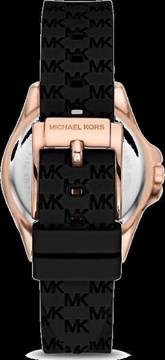 Attache bracelet Michael Kors MK7373 en silicone noir texturé, fermoir boucle ardillon signé Michael Kors, confort sportif