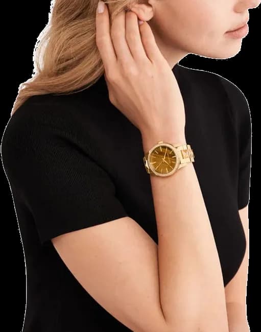 Lunette boîtier Michael Kors MK7389 en acier bicolore, lunette lisse polie, profil fin, couronne à godrons