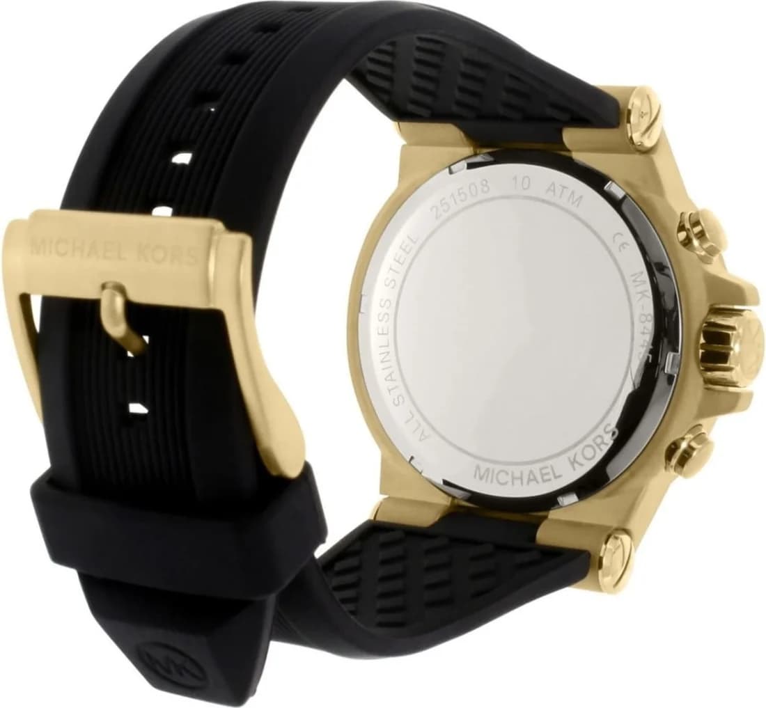 Attache bracelet Michael Kors MK8445 en cuir noir perforé surpiqué blanc, boucle ardillon en acier