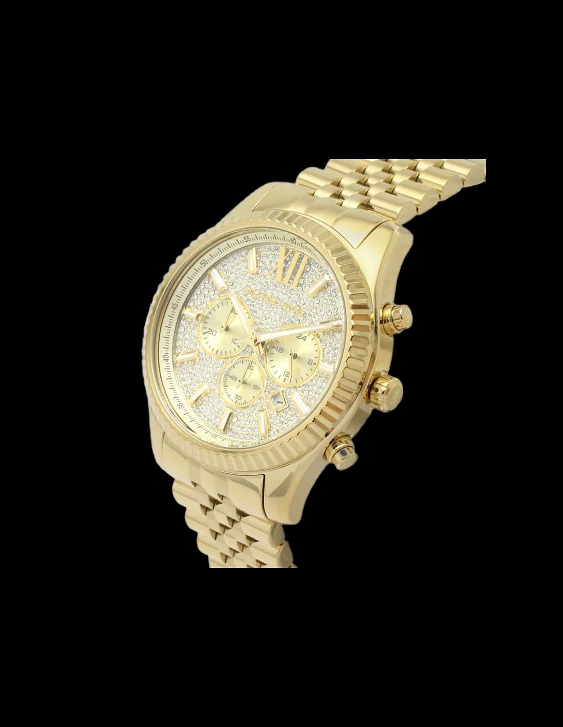 Visage cadran Michael Kors MK8579 avec index bâtons dorés, aiguilles fines, complications date et cristaux lumineux