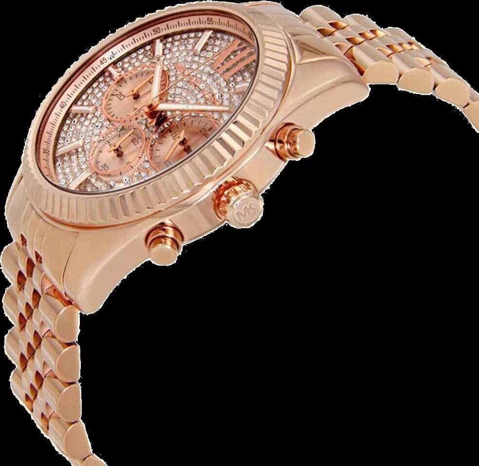 Visage cadran Michael Kors MK8580 avec compteurs chronographe à 3, 6 et 9 heures, guichet date à 4h30, aiguilles dorées