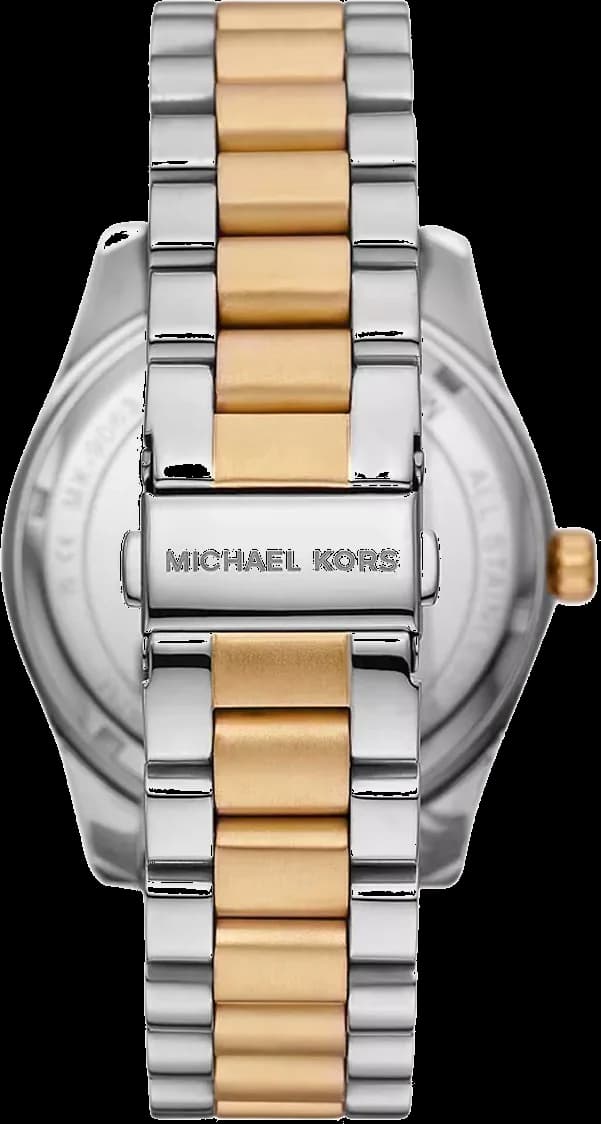 Visage cadran Michael Kors MK9063 affiche index bâtons polis, aiguilles dauphine dorées, guichet date à 3h et couronne crantée