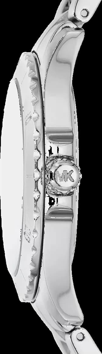 Visage cadran Michael Kors MK9079 affiche index appliqués argentés, aiguilles dauphines et date
